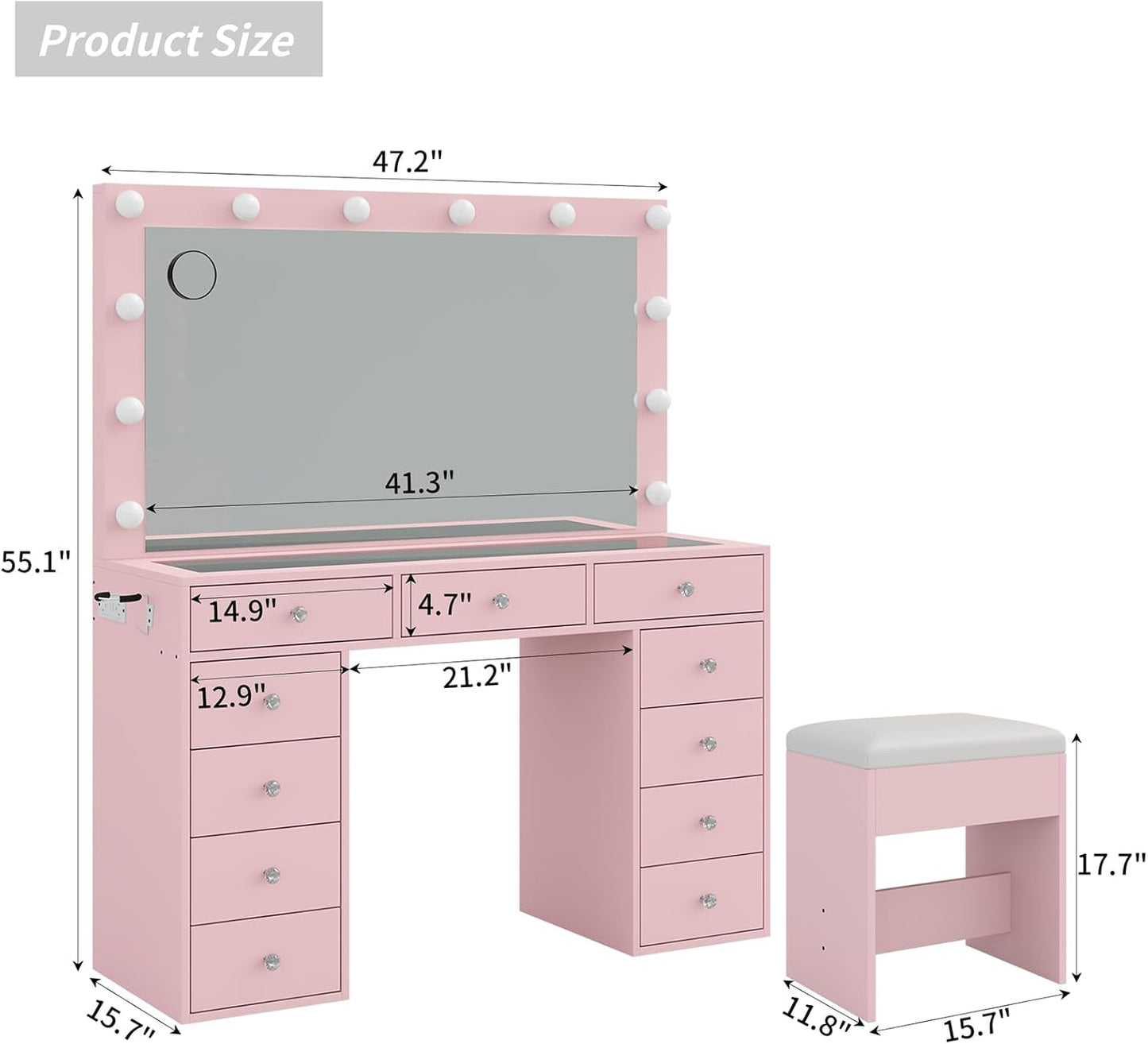 11-Drawer LED Vanity Desk with Mirror