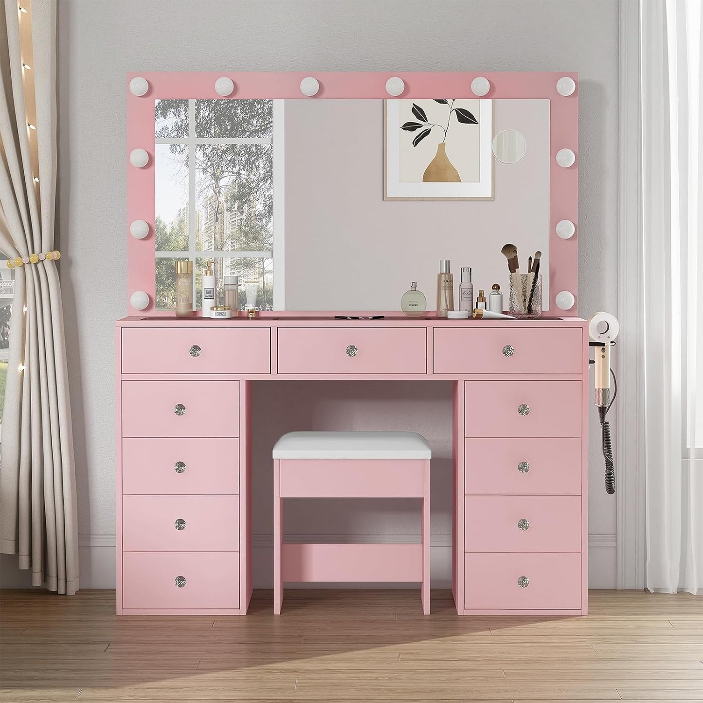 11-Drawer LED Vanity Desk with Mirror