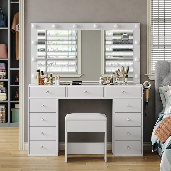 11-Drawer LED Vanity Desk with Mirror