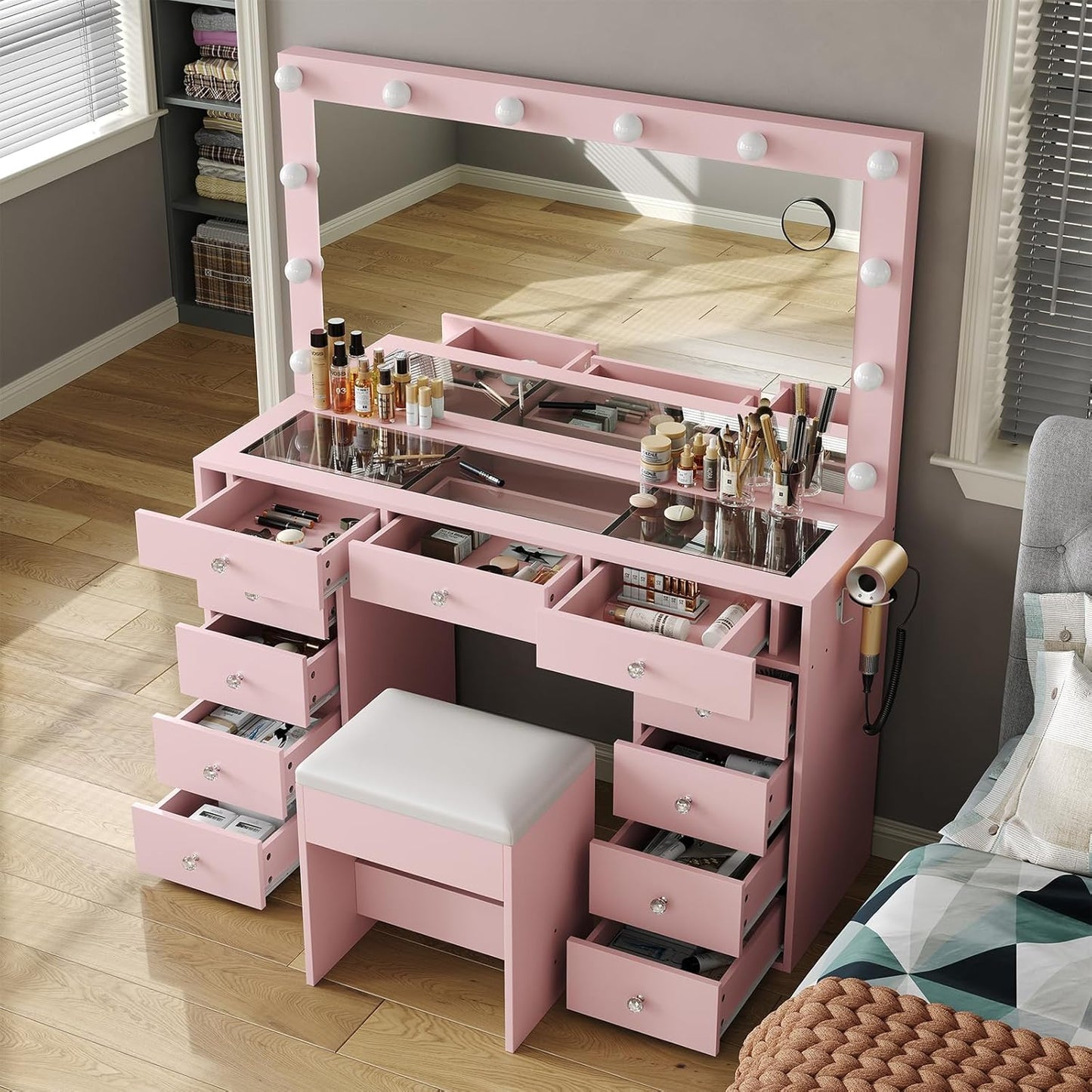11-Drawer LED Vanity Desk with Mirror