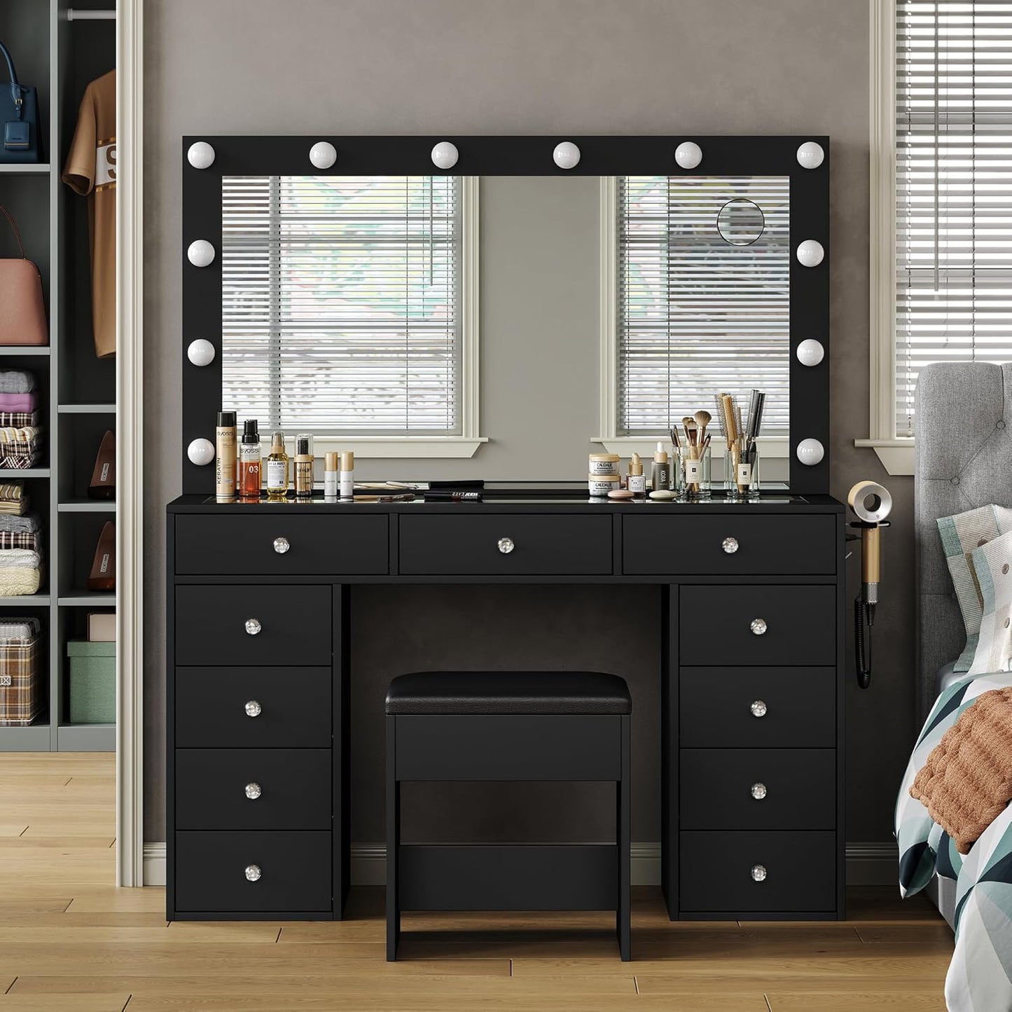 11-Drawer LED Vanity Desk with Mirror
