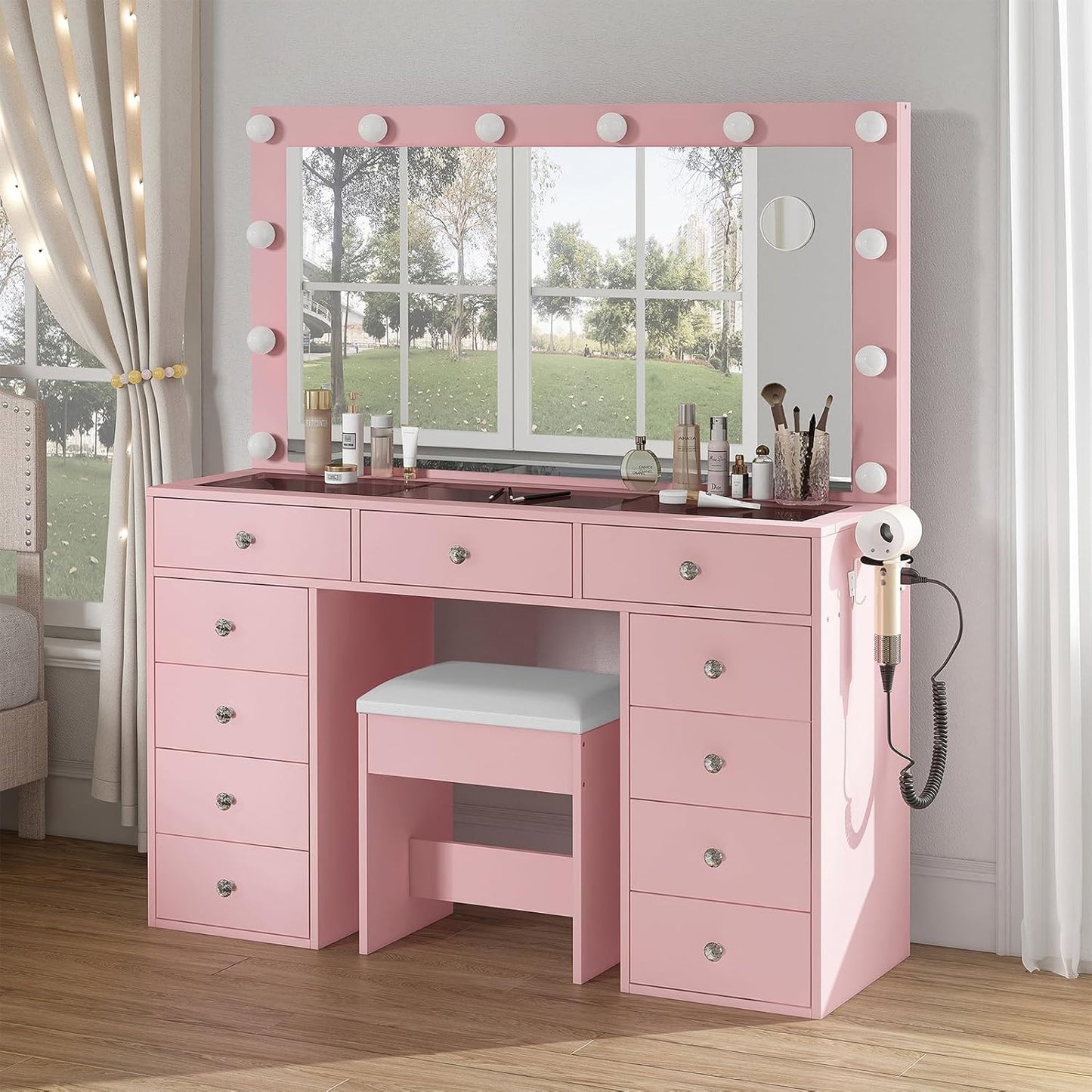 11-Drawer LED Vanity Desk with Mirror